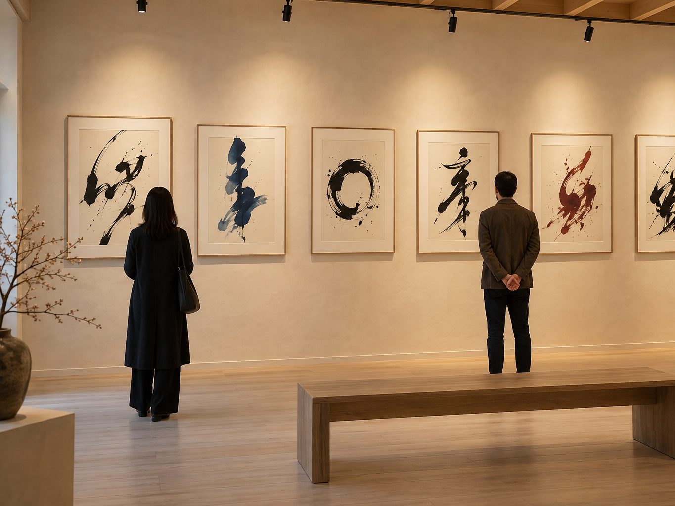 Krem duvarlı hayalî bir galeride sergilenen soyut kaligrafi çalışmaları.